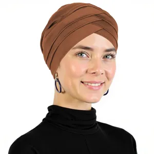 Women brown cross turban hat, soft milk silk stretch head cover fashion muslim hijab cap.