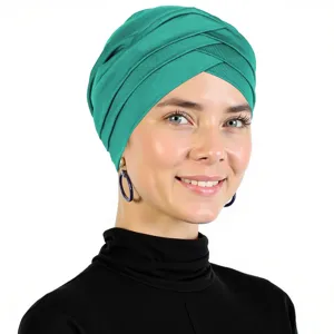 Green criss-cross turban cap, milk silk stretchy head cover, elegant daily wear hijab.