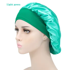 Satin hair bonnet, wide band sleep cap for women, light green night hair care cap.