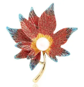 Broche exquise en email feuille d'erable avec perle centrale, accessoire de vetement dore