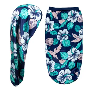 Long satin sleep cap for women, silky hair bonnet with tropical floral print for night care.