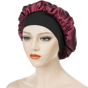 Satin hair bonnet with black wide elastic band, burgundy sleep cap for women hair care.