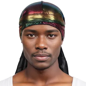 Durag brillant métallique arc-en-ciel pour hommes foulard longue queue chapeau pirate mode.