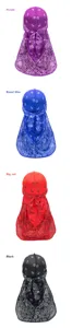 Silk satin paisley durag variant detail showing purple, blue, red and black colors.