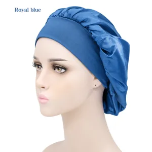 Wide band satin sleep bonnet royal blue hair care cap for women soft silk night sleeping hat