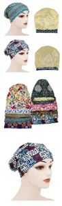 Detail view of cotton print sleep caps featuring soft satin double lining and elastic fit.