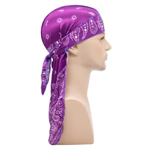 Purple silk-like paisley durag pirate hat, long tail headwrap for hip hop fashion style.