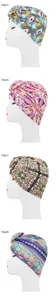 Ethnic style twist knot turban cap for women, colorful geometric pattern headwrap hat detail.