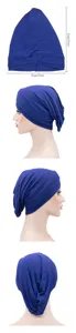 Blue stretch chemo cap detail view, soft milk silk turban head wrap, 29x25cm size specs.