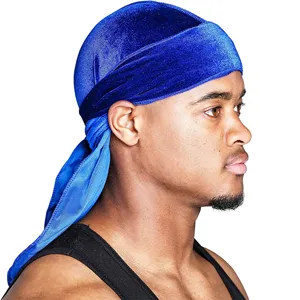 Premium royal blue velvet durag for men, long tail hip-hop head wrap and stylish hair cap.