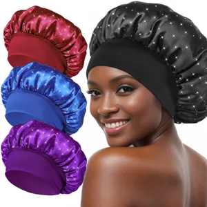 Women Satin Sleep Bonnet Rhinestone Hair Care Cap Wide Band Elastic Night Sleep Cap Silk-Like Hair Protection Hat