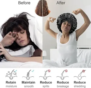 Bonnet de nuit en satin noir avec noeud, coiffe en soie douce pour soin des cheveux.