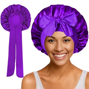 Bonnet de nuit en satin de soie avec long ruban et nœud pour la protection des cheveux