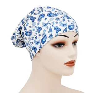 Cotton printed sleep cap with blue paisley pattern, soft elastic chemo cap for daily wear.