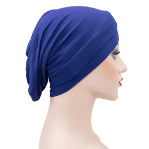 Women Solid Color Stretchy Chemo Turban Cap Breathable Soft Head Cover Daily Wear Blue Hat