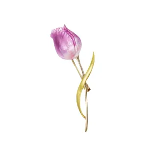 Elegant purple tulip brooch with gold stem, chic enamel flower pin for women, fashion gift.