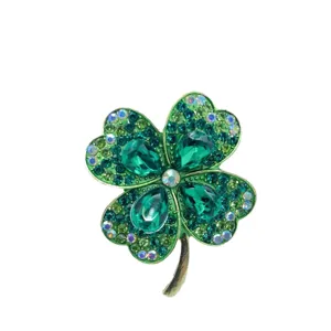 Elegante grüne Strass Vierblättriges Kleeblatt Brosche Vintage Kristall Anstecknadel