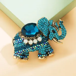 Broche éléphant vintage en strass bleu, épingle d'animal en alliage pour tenues chic.