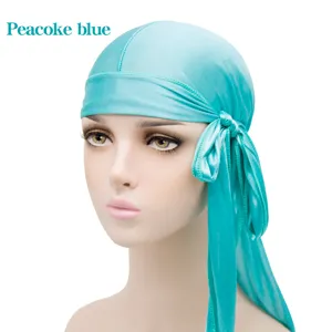 Silky durag for men and women, peacock blue long tail wave cap with comfortable tie.
