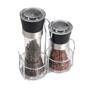 Set de moulin à poivre en verre manuel avec support en métal pour épices de cuisine