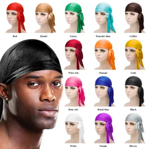 Silky Durag Satin Cap Long Tail Pirate Hat For Men Women Breathable Elastic Hair Wrap Headwear Fashion Accessories