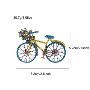 Detailansicht der farbigen Strass-Fahrradbrosche mit Größenangaben und Kristalldetails.