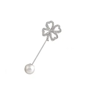 Crystal rhinestone four leaf clover pearl brooch pin elegant clothing fashion jewelry accessory
