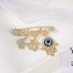 Gold-tone Evil Eye Hamsa Hand Brooch Rhinestone Safety Pin Lucky Turkish Jewelry