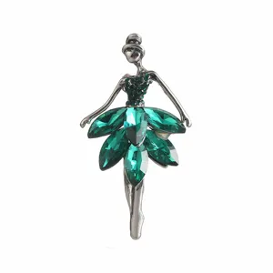 Exquisite green rhinestone ballerina brooch, vintage crystal dancer pin accessory for women details.