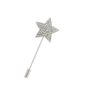 Exquisite star lapel pin detail with sparkling rhinestones, elegant clothing accessory.