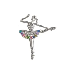 Close-up detail view of the exquisite silver ballerina brooch, sparkling crystal rhinestones.