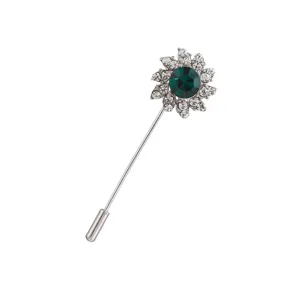 Elegant alloy rhinestone flower lapel pin brooch with dark green crystal centerpiece for women.