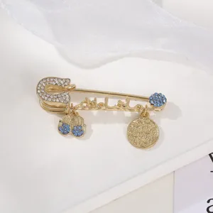 Exquisite Turkish evil eye brooch vintage gold safety pin with rhinestone charms detail