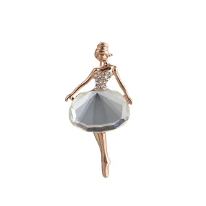 Elegant ballerina girl brooch close-up featuring sparkling rhinestones and clear crystal skirt.