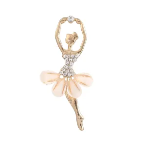 Elegant gold crystal ballet dancer brooch with charming pink tutu skirt fashion jewelry.
