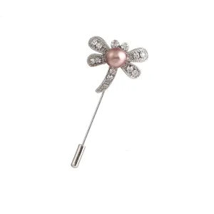 Exquisite dragonfly long pin brooch with sparkling rhinestones and pink pearl for elegant outfits.