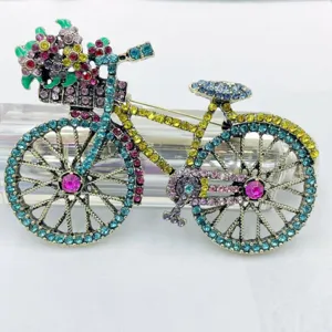 Bunte Strass Fahrrad Brosche mit Blumenkorb Vintage Damen Modekleidung Accessoire.