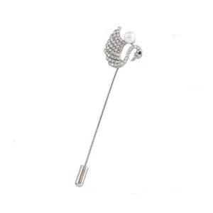 Elegant swan crystal pearl long lapel pin brooch for women apparel accessories hat scarf decor