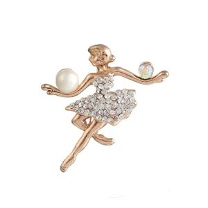 Cute ballet girl rhinestone brooch pin, elegant dancing woman crystal jewelry accessory.