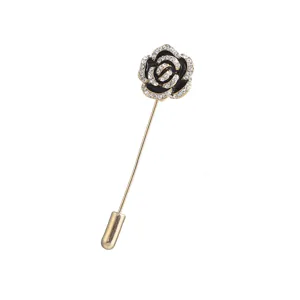 Elegant black enamel camellia flower stick brooch with sparkling rhinestones, retro alloy lapel pin accessory.