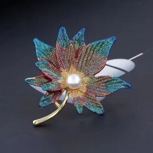 Élégante Broche en Alliage Feuille d'Érable Avec Perle Artificielle Strass Émail Pailleté Mode Vêtements Épingle Accessoire Cadeau pour Femme Bijoux