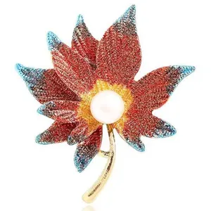 Exquise broche feuille d'érable pour femme, perle élégante et émail bijou de mode.