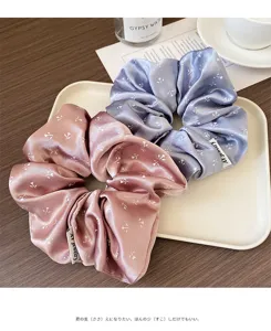 Korean style floral satin scrunchie hair rope, elegant printed ponytail holder for women and girls.