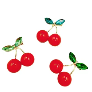 Cute cherry brooch pin for women clothes, gold metal red fruit green crystal rhinestone accessories.