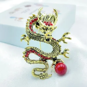 Broche de dragon retro con estrases rojos y perla alfiler para traje abrigo accesorios