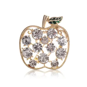 Elegant crystal apple brooch detail, sparkling rhinestones and gold-plated alloy design.