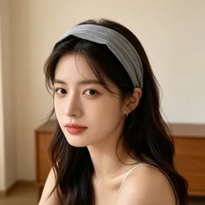 Elégant bandeau en tissu gris pour femme, serre-tête large minimaliste pour un usage quotidien.