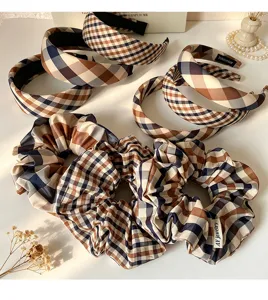 Classic vintage British plaid hair hoops and scrunchies set, fashionable hair accessories.