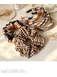 Classic vintage plaid headband and scrunchie set, chic French hair accessories for daily wear.