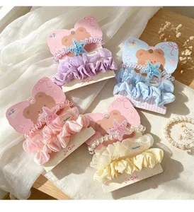 Korean cute lace mesh hair ties set with sparkly starfish and bear cards for sweet girls daily.